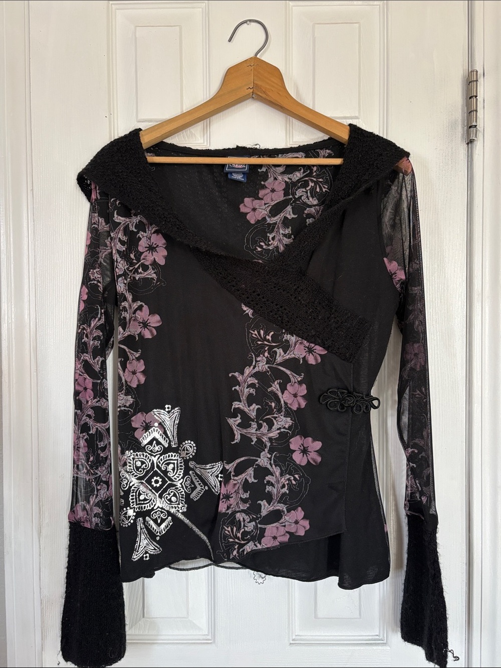 Cruel Girl Black Floral Mesh Top with Pink Accents